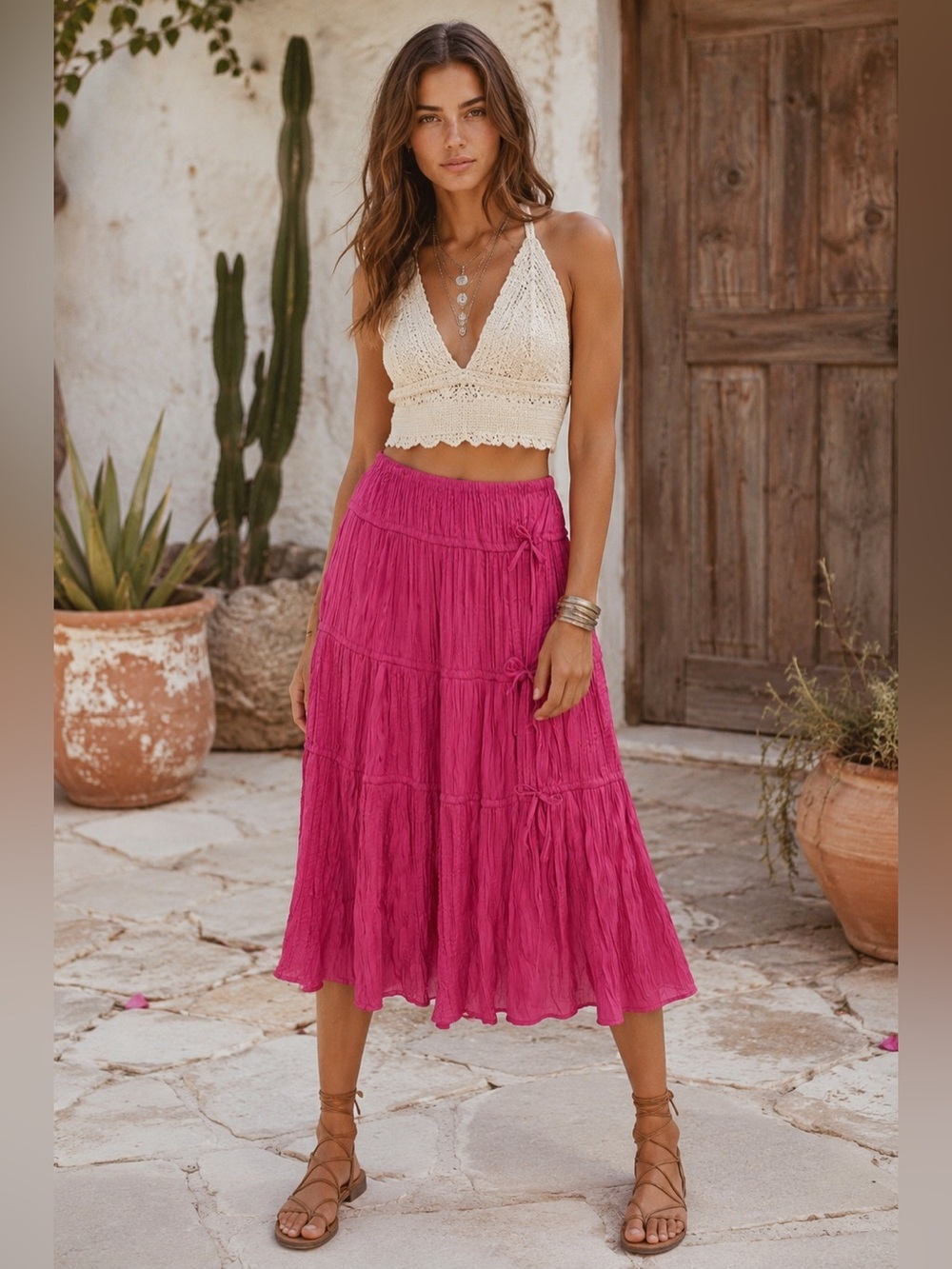 Free People Maeve Pink Crinkle Tie-Detail Boho Midi Skirt
